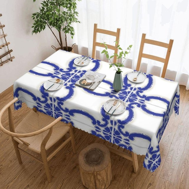 JINGYUE Pet Tischdecke mit portugiesischem Fliesenmuster, rechteckig, weiß, ölbeständig und wasserabweisend, B/T: 137 x 183 cm - Bild 1