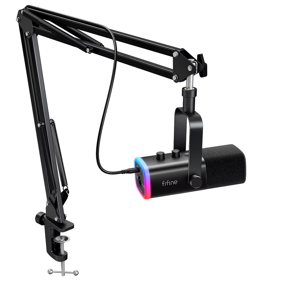 Fifine AM8T Dynamisches Gaming Mikrofon Set mit XLR/USB Anschluss, RGB-Beleuchtung und Mikrofonarm in Schwarz - Bild 1