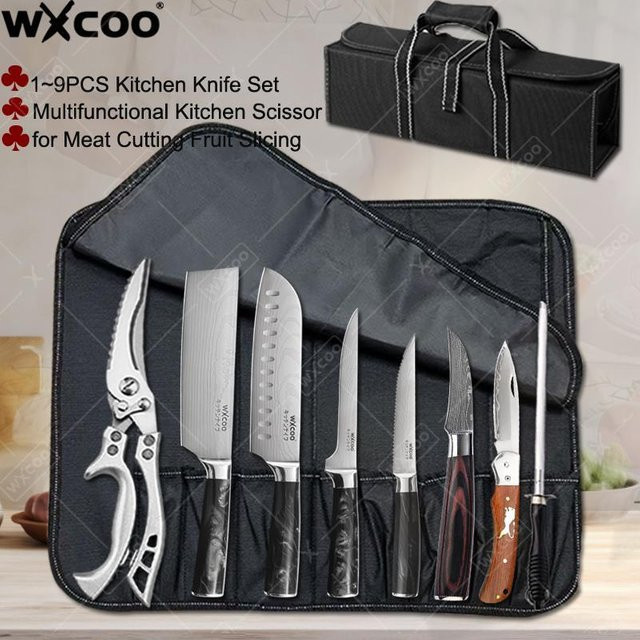 WXCOO 1-9-teiliges Küchenmesser-Set mit Santoku-Messer, Fleischbeil, professionellem Ausbeinmesser und Hühnerknochenschere inklusive Aufbewahrungsbox - Bild 1