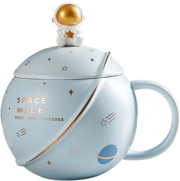 Be Free Astronauten-Kaffeebecher aus Keramik mit Deckel und Löffel, hellblau, 400 ml - Bild 1