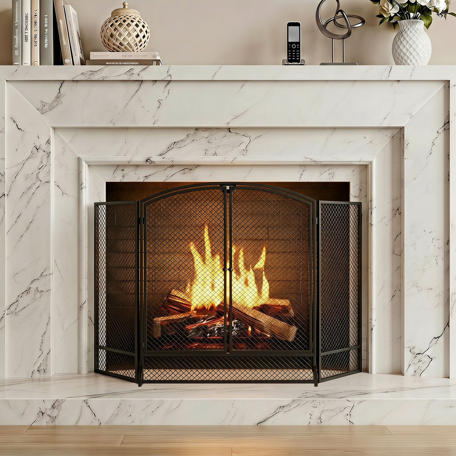HOMCOM Faltbarer Kamin-Funkenschutz aus Metall mit 3 Paneelen und 2 Türen, Schwarz, B: 122 cm, H: 75 cm, T: 10 cm - Bild 2