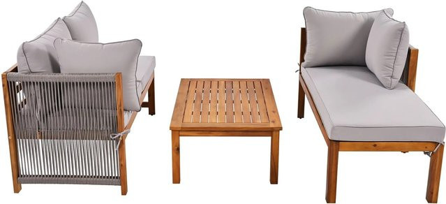 Merax 3-tlg Garten-Loungeset aus Akazienholz mit Seilarmlehnen in Grau - Bild 1