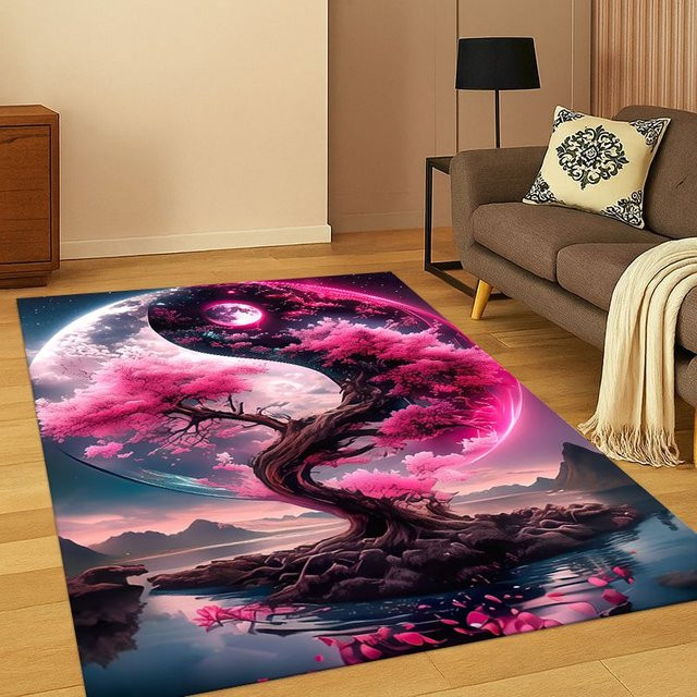 Faviora Yin-Yang-Teppich mit Tai-Chi-Symbol, rutschfest, rechteckig, schwarz-weiß-bunt, ideal für Wohnzimmer, Schlafzimmer oder Kinderzimmer - Bild 1