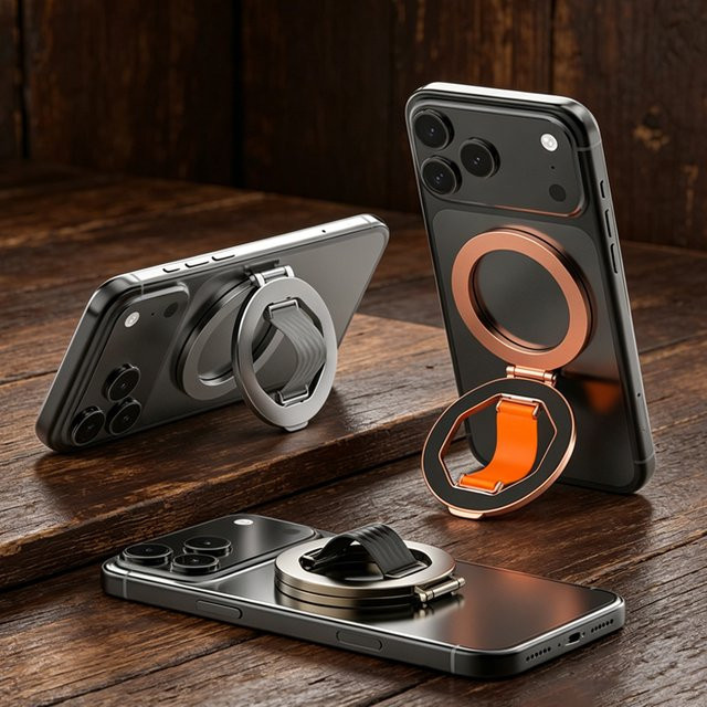 QGhappy Magnetischer Fingerring-Halter für MagSafe, faltbarer Metallständer für iPhone 17 16 15, Samsung und Xiaomi, Schwarz - Bild 1