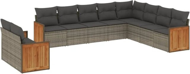 vidaXL 10-teilige Garten-Sofagarnitur in L-Form aus Polyrattan und Akazienholz in Grau mit Kissen - Bild 1