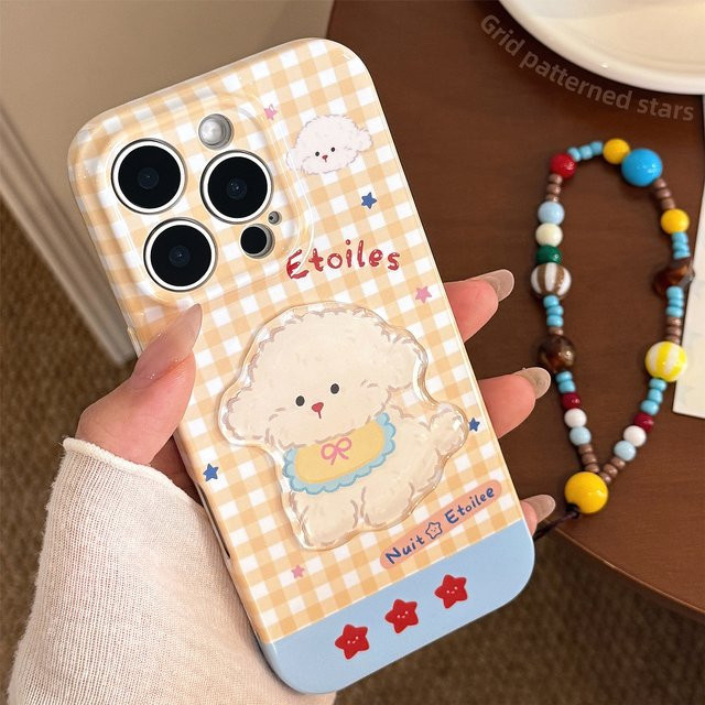 MUQGEW Stoßfeste Handyhülle mit 3D-Cartoon-Welpen und Gittermuster für iPhone 11 bis 16 Pro Max inklusive Lanyard, Mehrfarbig - Bild 1