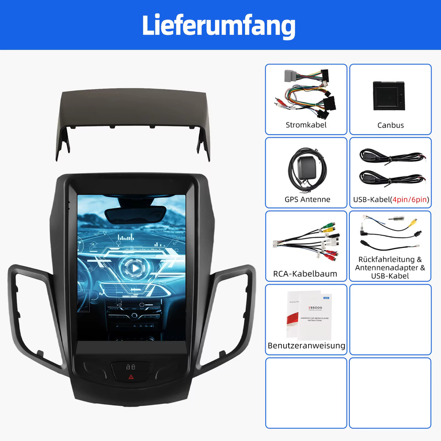 ESSGOO Android Autoradio mit 9,7 Zoll Portrait-Bildschirm für Ford Fiesta 2009-2014, 2Din Multimedia-Player mit Carplay, GPS, 4GB RAM und 64GB Speicher, Schwarz - Bild 6