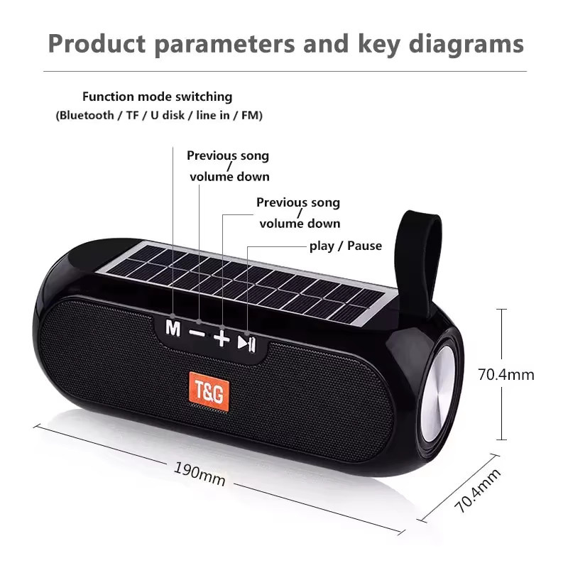 T&G Solar Radio mit Bluetooth und FM Funktion, Tragbarer Outdoor Lautsprecher mit Subwoofer Bass und Aux Anschluss für PC, TV und Hifi Stereo, Erhältlich in Schwarz und Rot - Bild 3