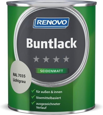 RENOVO Buntlack für Holz in Grau, lösemittelbasiert, wetterfest und lebensmittelecht, satin-matt, 0,75 l - Bild 1