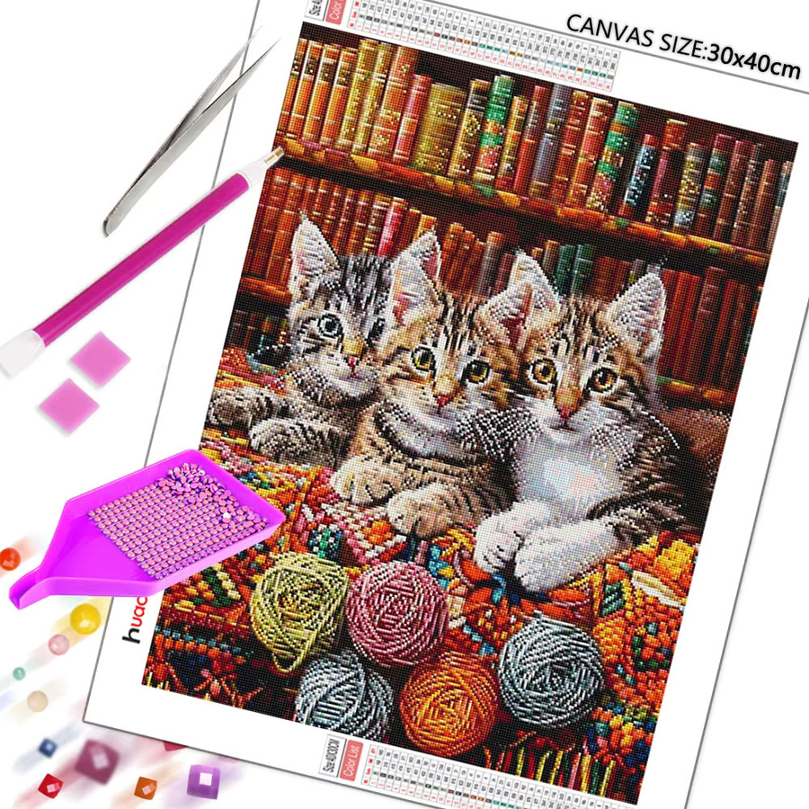 Huacan Diamantmalerei Katze als dekoratives Mosaik-Gemälde mit Rundbohrern in Multicolour, Breite: 30 cm, Höhe: 20 cm, Tiefe: 20 cm - Bild 2