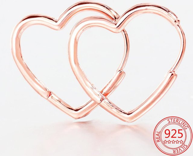 Creolen 925 Sterling Silber, Asymmetrische Herz, Rose Gold, Beige - Bild 1
