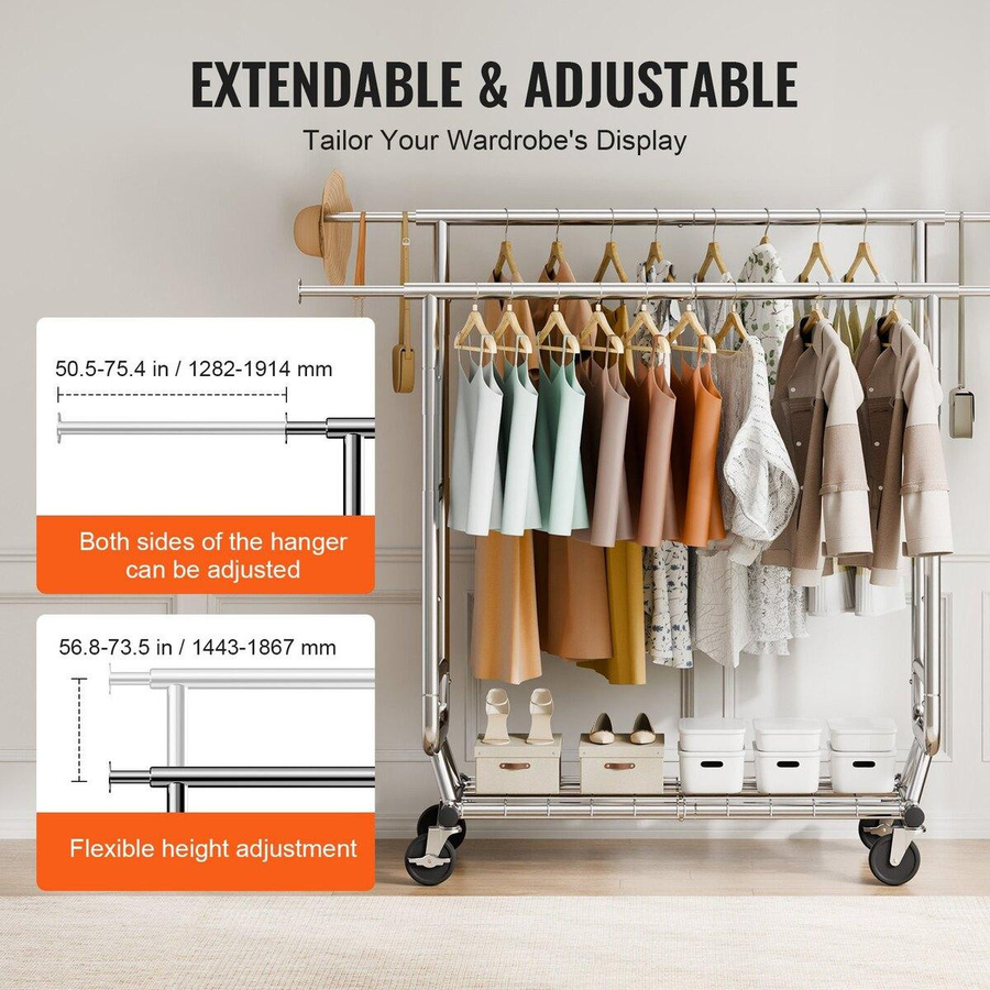Buying Solutions MB Kleiderständer mit Doppelstange aus Carbonstahl, höhenverstellbar und ausziehbar, Farbe Chrom - Bild 2