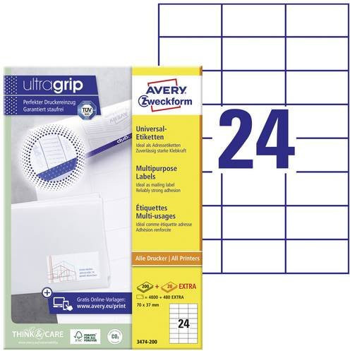 Avery Zweckform Universal-Etiketten 3474-200, Weiß, Papier, B/H: 70 x 37 mm, 5280 Stück - Bild 1