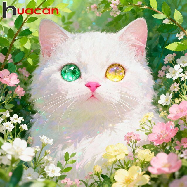 Huacan DIY-Diamantgemälde Katze und Blumen als dekorative Diamant-Stickerei mit Full Round Steinen - Bild 1