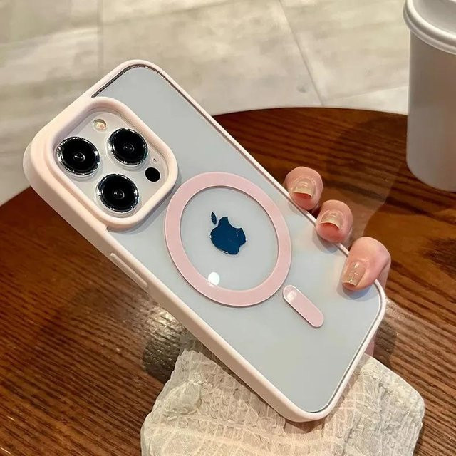 Foucsontop MagSafe Silikonhülle für iPhone in Rosa, Transparent mit großem Kameraloch und magnetischer kabelloser Ladeabdeckung - Bild 1