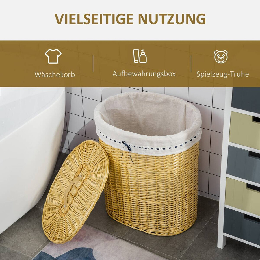 HOMCOM Wäschekorb aus Naturfasern geflochten mit Deckel und herausnehmbarem Wäschesack, Braun/Beige, Volumen: 100 l, B/T/H: 51 x 38 x 57 cm - Bild 2