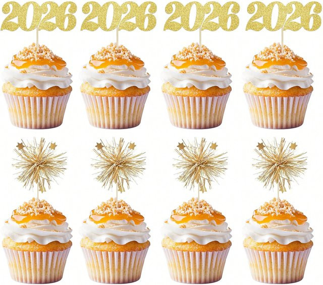 12 Stück Glitzer Cupcake-Topper 2026 in Gold und Silber für deine Neujahrsparty und Silvesterdeko - Bild 1