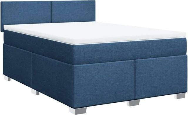 vidaXL Boxspringbett mit Matratze in Blau und Weiß, Hybrid-Modell mit Taschenfederkern, B/T: 140 x 200 cm - Bild 1