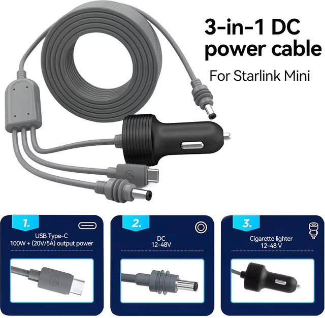 Starlink Mini 3-in-1 Autoladegerät mit wasserdichtem USB-C Verlängerungskabel und Voltmeter - Bild 1