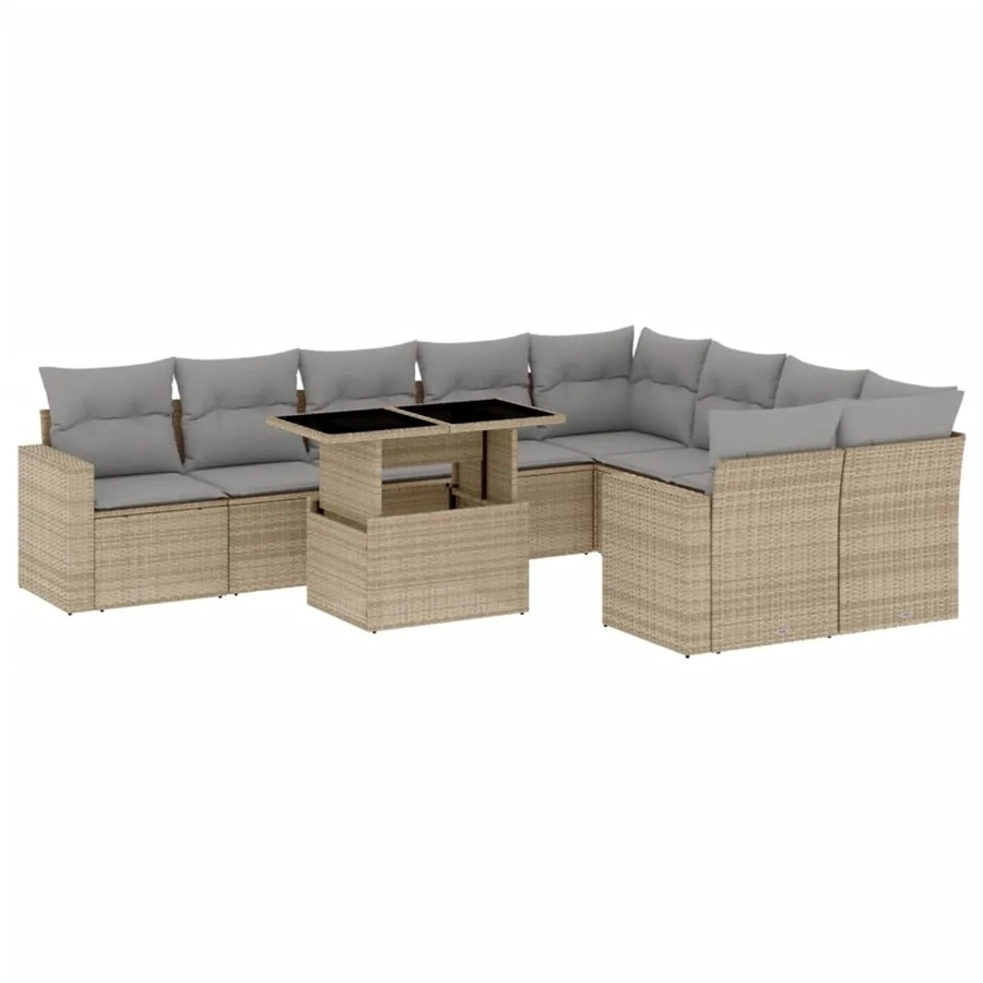 vidaXL 10-tlg. Garten-Sofagarnitur in L-Form aus beigem Poly-Rattan mit UV-beständigen Kissen und pulverbeschichtetem Stahlgestell - Bild 2
