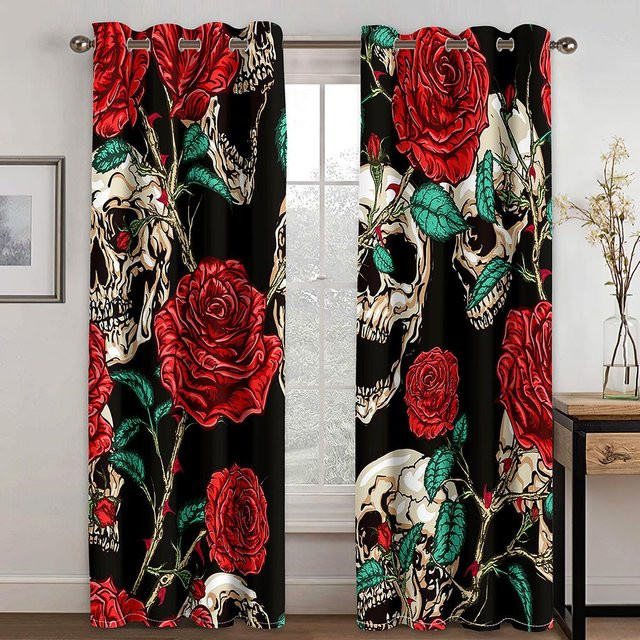 Yiran Furniture Vorhang mit Totenkopf und Rosenblüten Design in Schwarz, 2er-Set, semi-transparent, B: 50 cm, H: 130 cm - Bild 1