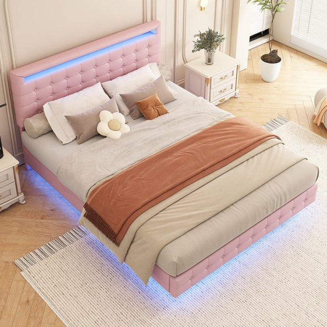 Flieks Polsterbett in Rosa mit LED-Umgebungslicht, höhenverstellbarem Kopfteil und Fernbedienung, Floating Design, B/T/H: 203,5 x 143,5 x 112 cm - Bild 1
