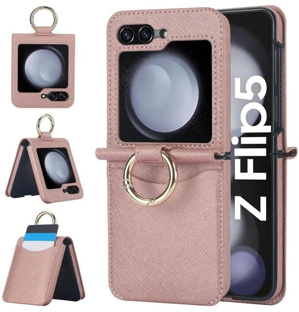 Lederring Handyhülle für Samsung Galaxy Z Flip 6 5 4 3 mit Kartenhalter und Brieftasche in Pink - Bild 1