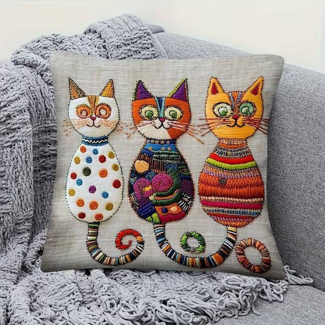 Vikama Kissenbezug mit Cartoon-Katzen-Design aus weichem Kurzplüsch, Mehrfarbig, Breite: 60 cm, Höhe: 60 cm - Bild 1