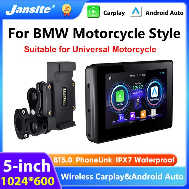 Jansite 5 Zoll Motorrad-GPS-Navigation mit BMW-Stilhalterung, kabellosem CarPlay und Android Auto, Bluetooth, Moto-Monitor, IPX7 wasserdicht, Schwarz - Bild 1