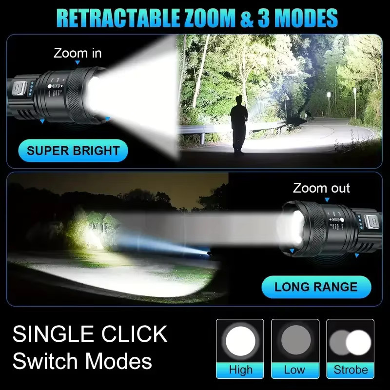 ZHIYU Taktische LED-Taschenlampe in Schwarz, 2000 lm, USB wiederaufladbar, wasserdicht mit Zoom-Funktion - Bild 3