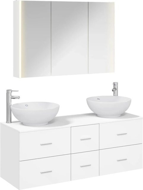 vidaXL Badezimmermöbel-Set 4-teilig in Weiß, modern mit LED-Beleuchtung, Spiegelschrank, Waschtischunterschrank und Wandschrank aus Holz und Glas - Bild 1
