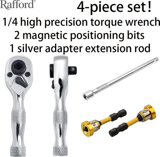Rafford Ratschenschlüssel 1/4 Zoll mit 72 Zähnen und kurzem Schaft aus Chrom-Vanadium-Stahl in Silber inklusive Verlängerungsstange und 2 Positionierbohrern - Bild 1