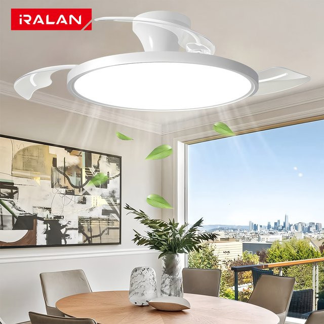 IRALAN Einziehbarer Deckenventilator mit LED-Lampe und Fernbedienung, ultradünnes Design in Weiß für Wohnzimmer und Esszimmer - Bild 1