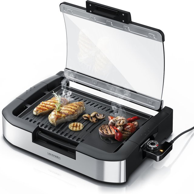 Arendo Gourmet Tischgrill Elektrogrill mit Glasabdeckung und Edelstahlgehäuse in Schwarz - Bild 1
