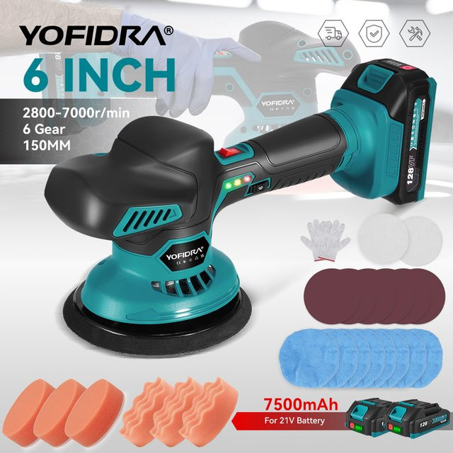 YOFIDRA Elektrische Autopoliermaschine mit 6 Gängen, kabellos, 7000 RPM, 150 mm Durchmesser, kompatibel mit Makita 18V Akku - Bild 1