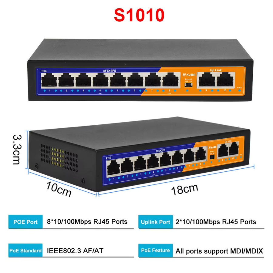 KuWFi Unmanaged PoE Ethernet Switch mit 4 oder 8 Ports und 2 Uplink-Ports in Schwarz für IP-Kameras und Router mit bis zu 250m Reichweite - Bild 3