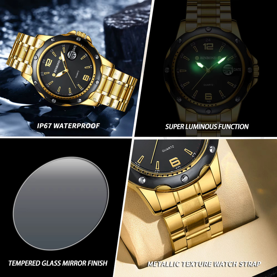 BINBOND Armbanduhr Quarz, Edelstahl, Gold, Schwarz, Herren - Bild 6