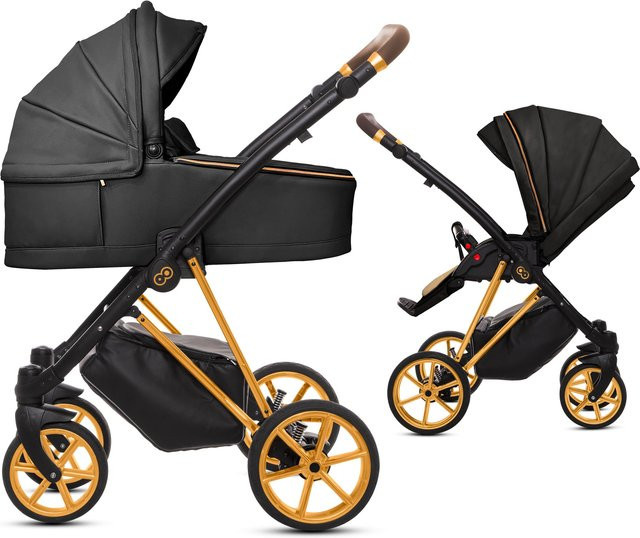 TPFLiving 2in1 Kinderwagen Royal aus Kunstleder in Onyx mit Goldgestell - Bild 1