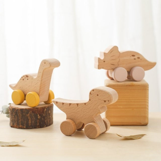 Dinosaurier Holz Auto, Holz Spielzeug, Natur / Holzfarben - Bild 1