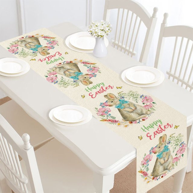 Meidding Tischläufer aus Leinen in Beige mit Karotten, Kaninchen und Eiern für deine Osterdekoration - Bild 1