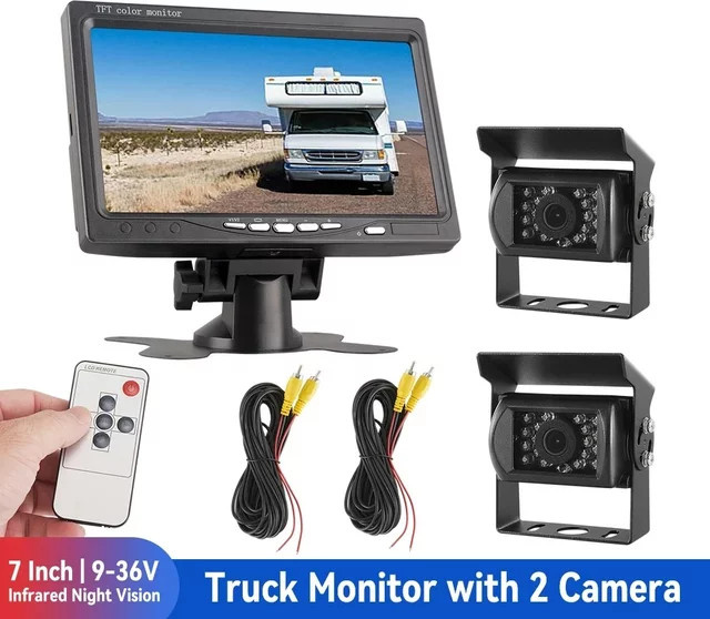 Queender Auto-Monitor-Bildschirm mit zwei Kameras für LKW, Bus und Wohnmobil in Schwarz mit Nachtsicht und wasserdichter Rückfahrkamera, 12–24 V, universell einsetzbar - Bild 1
