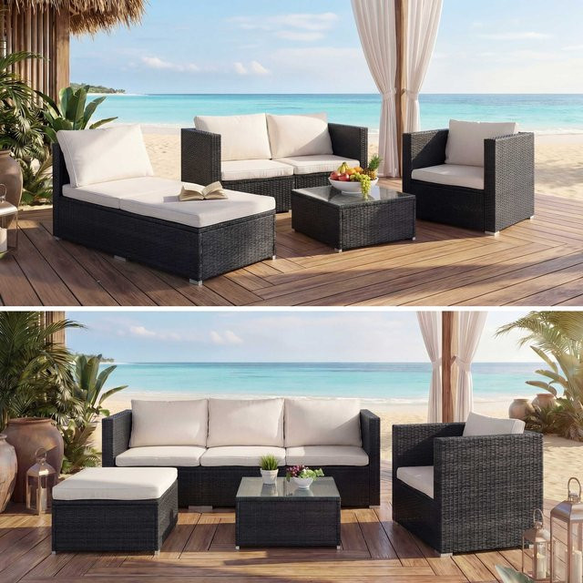 MCW Gartengarnitur Busto Lounge-Set aus Poly-Rattan in Schwarz mit beigen Kissen - Bild 1