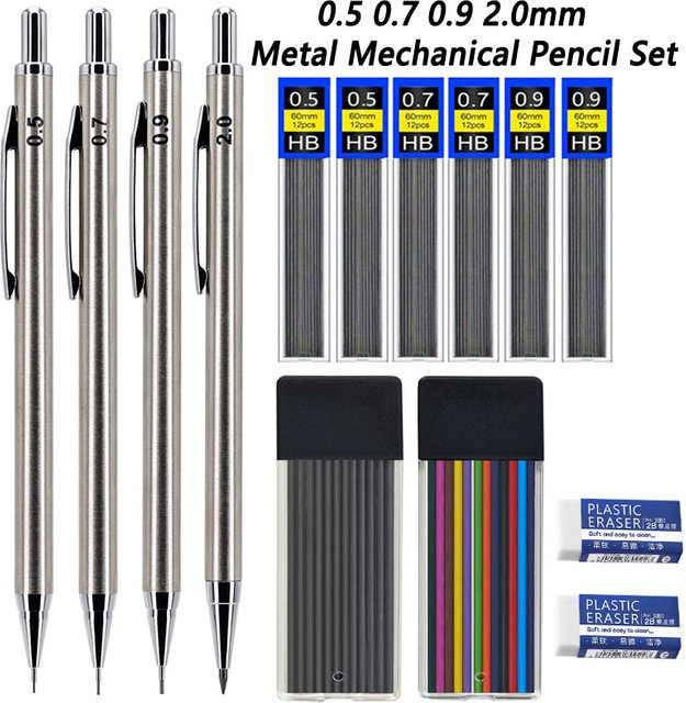 MROOFUL 14-teiliges Set Metall-Druckbleistifte in Silber mit HB Graphitminen für Schule und Skizzieren, Stärken: 0,5 mm, 0,7 mm, 0,9 mm und 2,0 mm - Bild 1