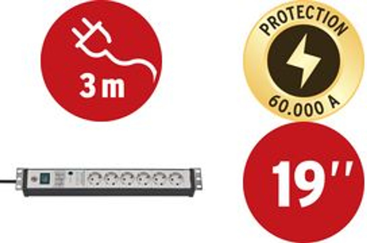 Brennenstuhl Premium-Line 6-fach Steckdosenleiste mit Überspannungsschutz im 19 Zoll Format aus Aluminium in Schwarz und Grau - Bild 2