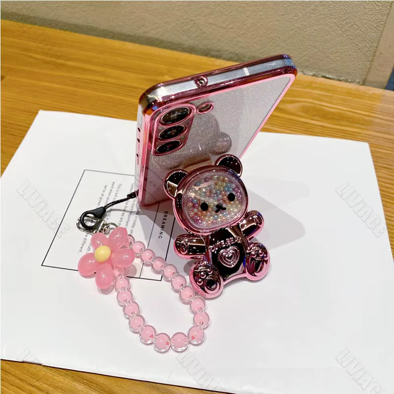 Apple Handyhülle mit Blumenarmband und Bär-Motiv als Standcover für iPhone 11 12 13 14 15 Pro Max Mini Plus X XR XS in Silber - Bild 2