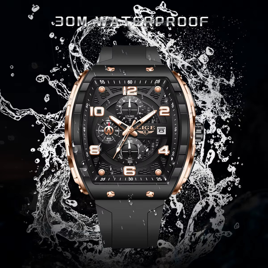 LIGE Armbanduhr, Chronograph, Quarz, Eckig, Schwarz, Silikon, Herren - Bild 3