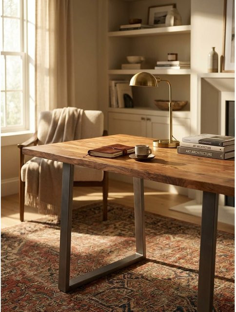 Schreibtisch aus Massivholz Akazie mit Trapezgestell von KADIMA DESIGN, Farbe Braun, B/T/H: 200 x 100 x 76 cm - Bild 1