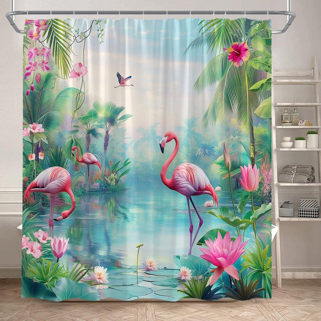 Monika Chen Duschvorhang mit Flamingo, tropischen Dschungelpflanzen und Schmetterlingen, Grün/Mehrfarbig, B: 60 cm, H: 190 cm - Bild 1