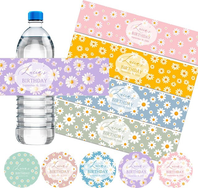 Personalisierte Gänseblümchen-Aufkleber von WDINPATY, runde florale Etiketten in Mehrfarben für Geburtstage oder Taufen, selbstklebend - Bild 1