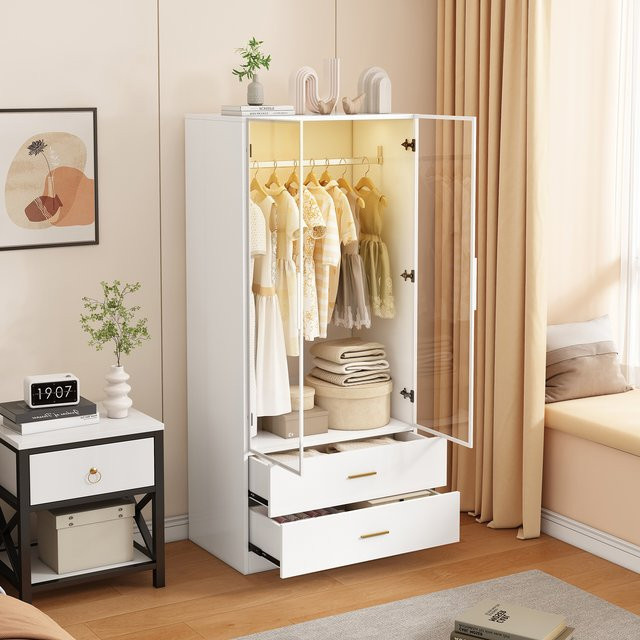 Rosahqnda LED-Kleiderschrank in Weiß mit 2 Glastüren und 2 Schubladen, moderner Garderoben-Organizer mit integrierter Beleuchtung, B/T/H: 80 x 50 x 175 cm - Bild 1